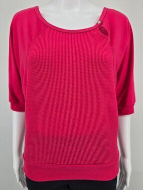 Vintage 1980s Miss Kalico California Pink Waffle Knit Batwing Pullover Top (M)